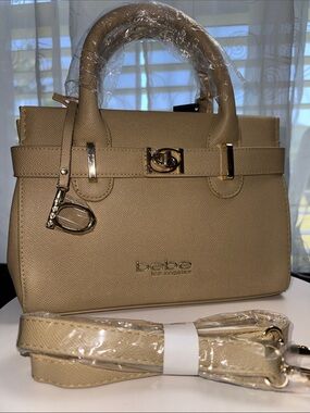bebe Evie small satchel  Beige. Top-Handle with Gold Hardware